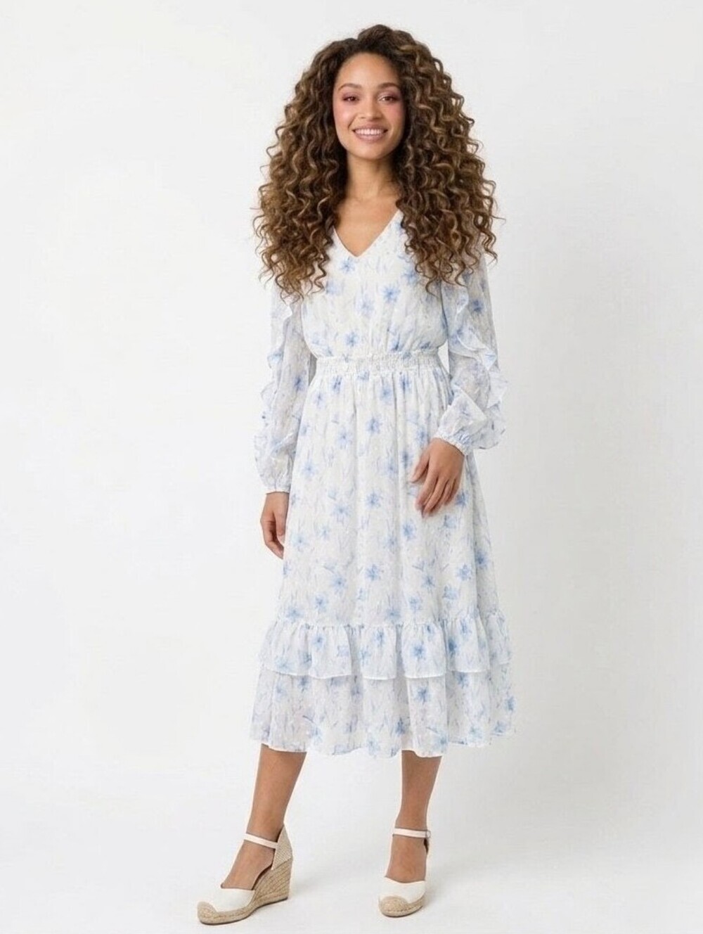 By The River White Blue Floral Long Sleeve Dress Small